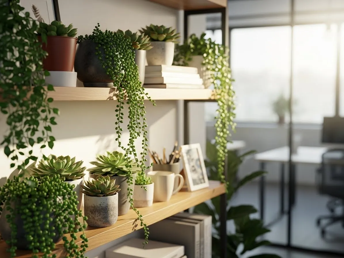 Office shelf decorated with indoor plants, succulents, and trailing greenery.