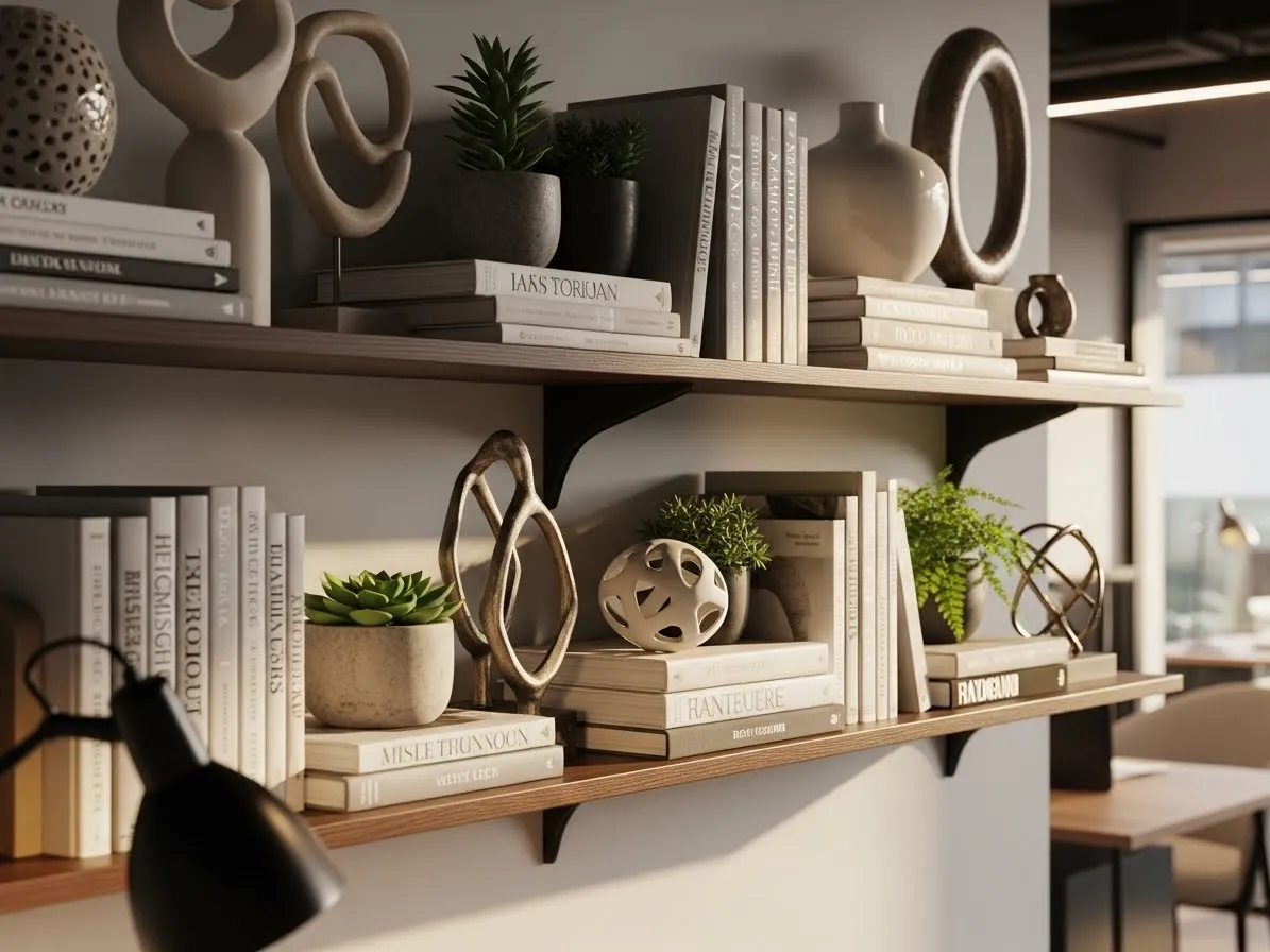 Office shelf featuring sculptural decor, books, and plants for a stylish workspace.