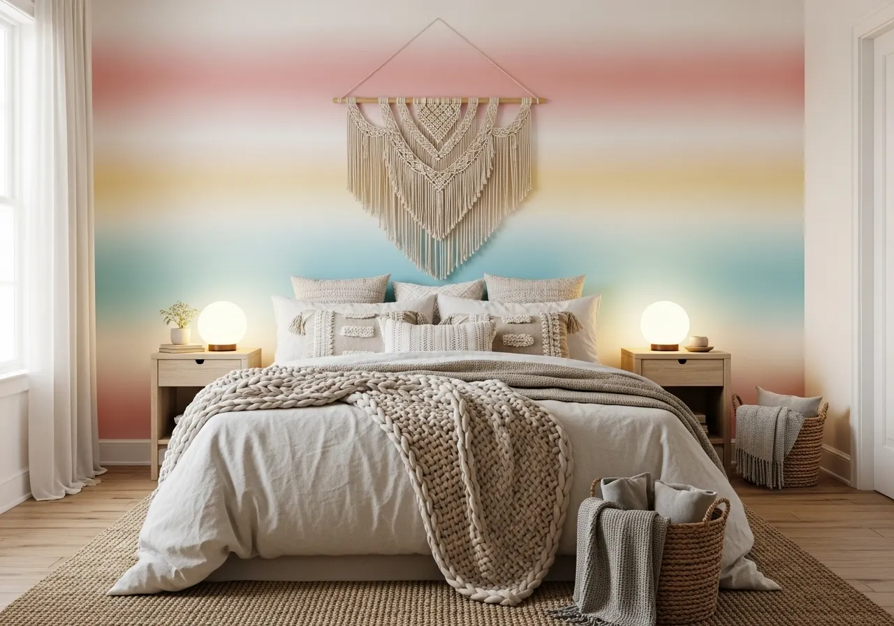 Boho bedroom with soft ombre stripe wallpaper and cozy textiles