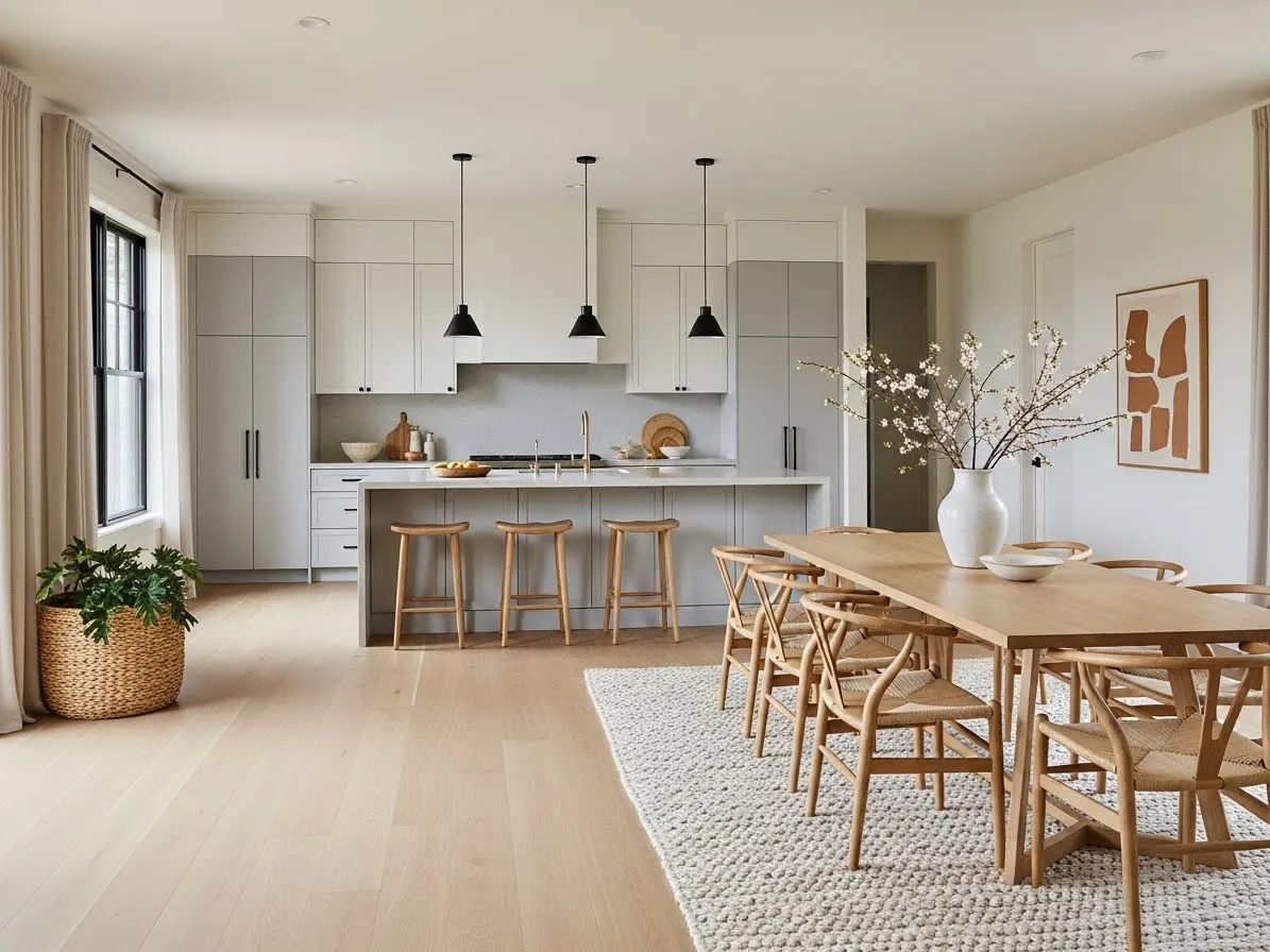 Open-concept Japandi kitchen with seamless layout and natural wood flooring.