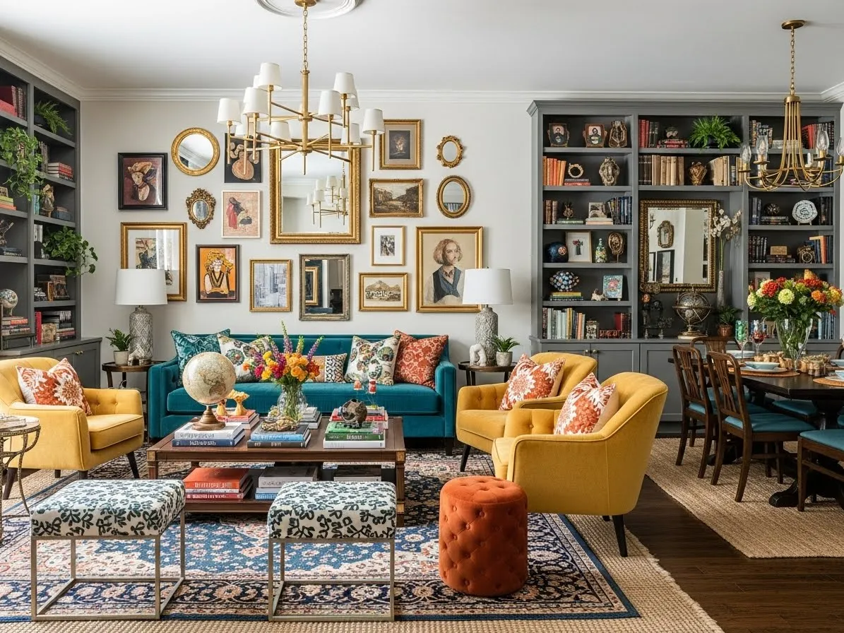 Open concept maximalist living room with cohesive color palette and bold deco
