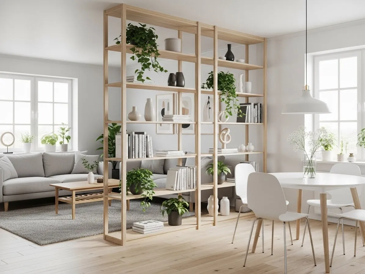 Open shelf room divider separating lounge and dining areas with books and plants