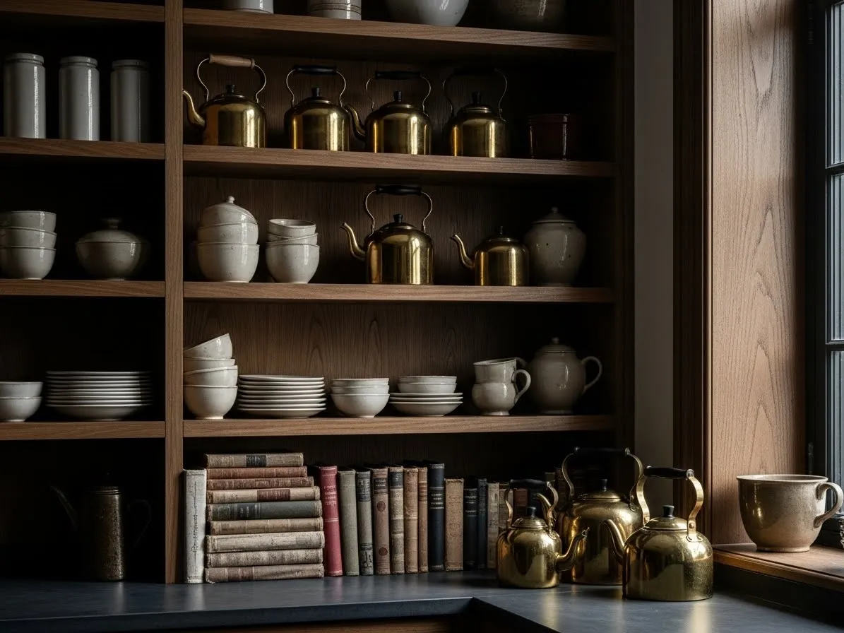 Open shelving with curated vintage decor in a dark academia kitchen