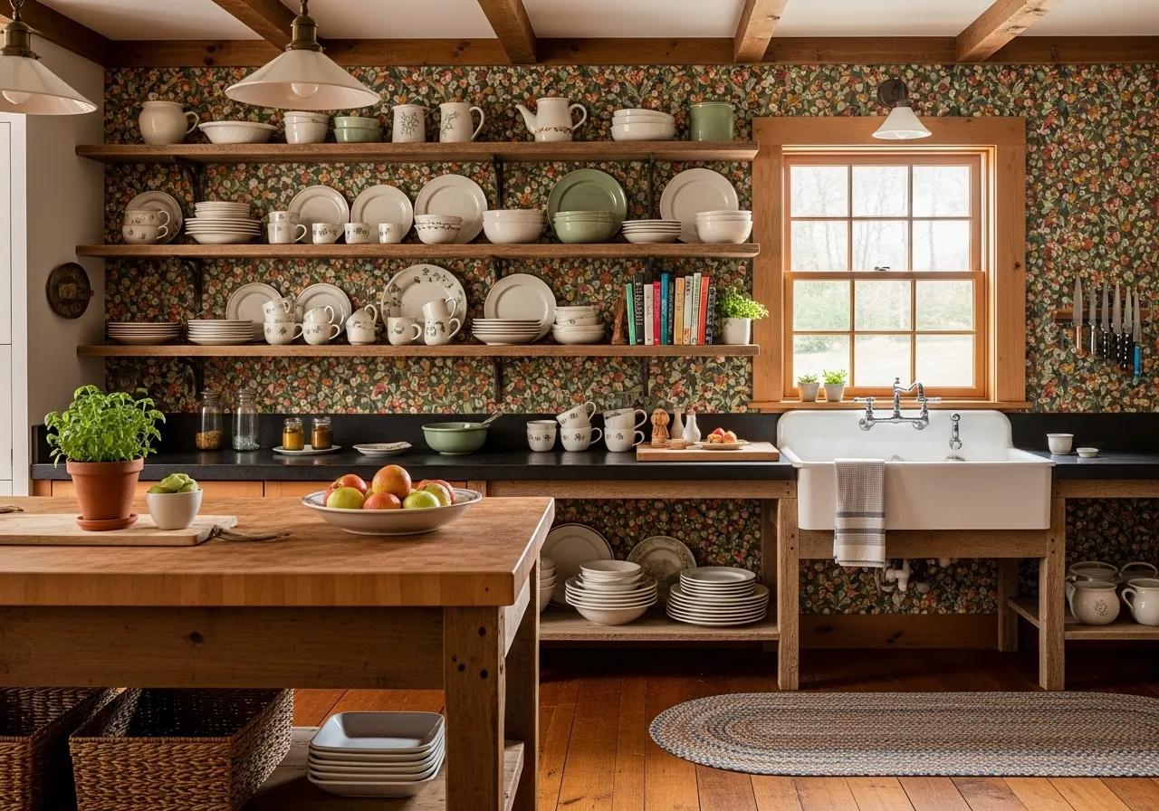 Farmhouse wallpaper ideas behind open kitchen shelving