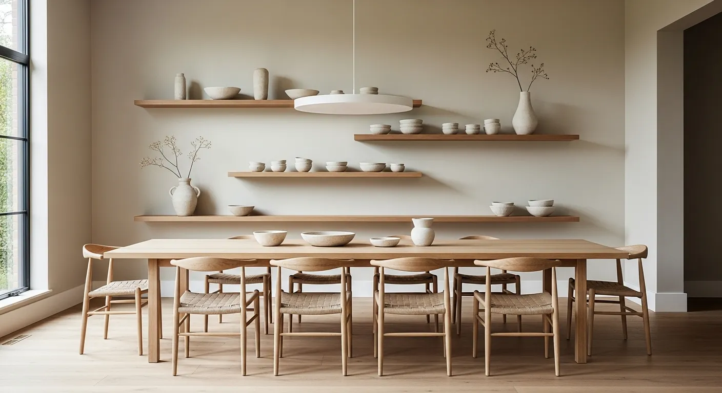 Open wooden shelving with curated decor in Japandi dining room ideas