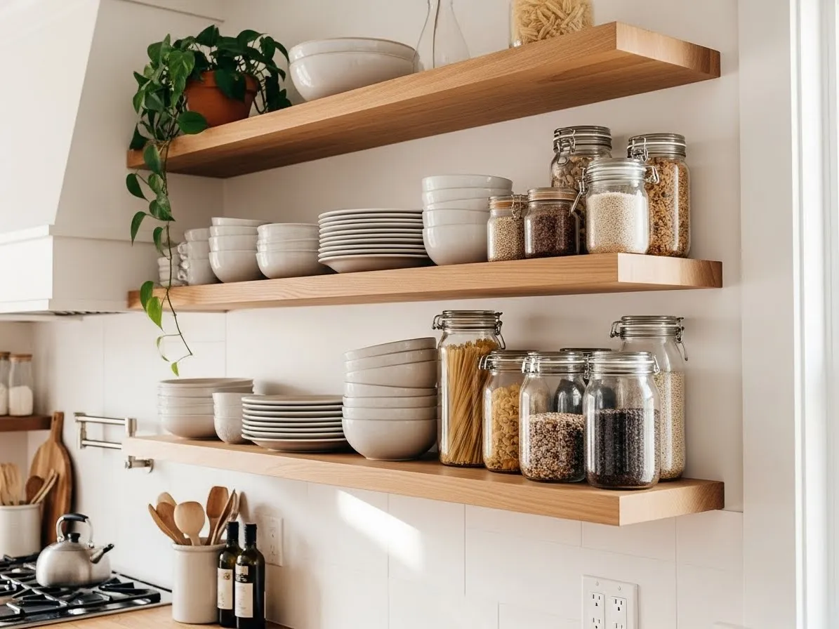 Open kitchen shelving styled like a display for amazing kitchen interior ideas