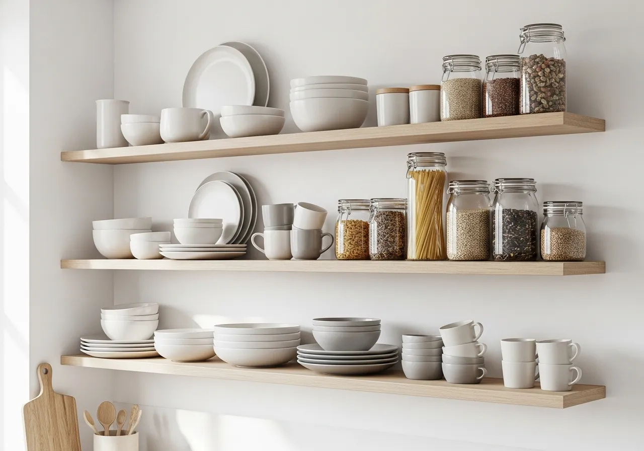 Minimalist kitchen ideas featuring open shelving and simple organized decor