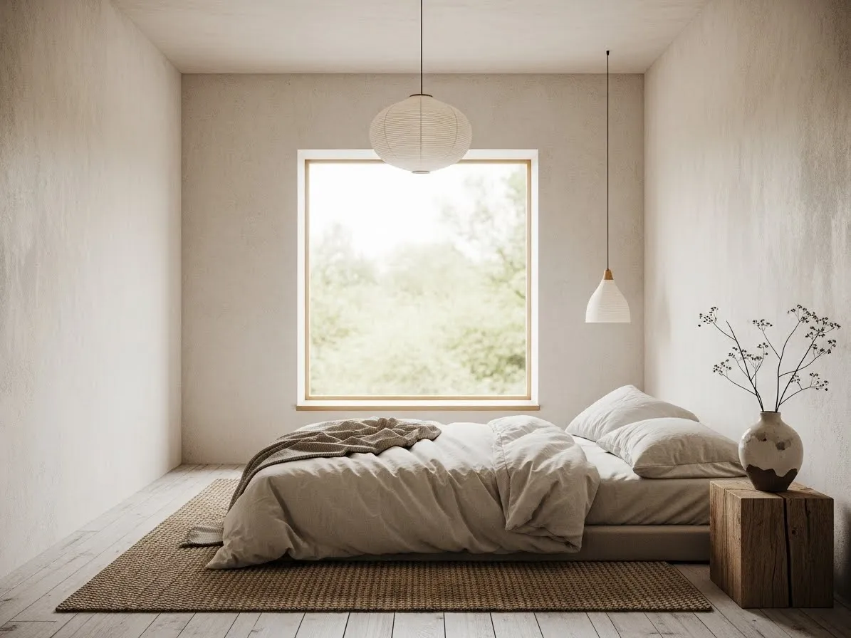 Open uncluttered space creating a calm and restful wabi-sabi bedroom