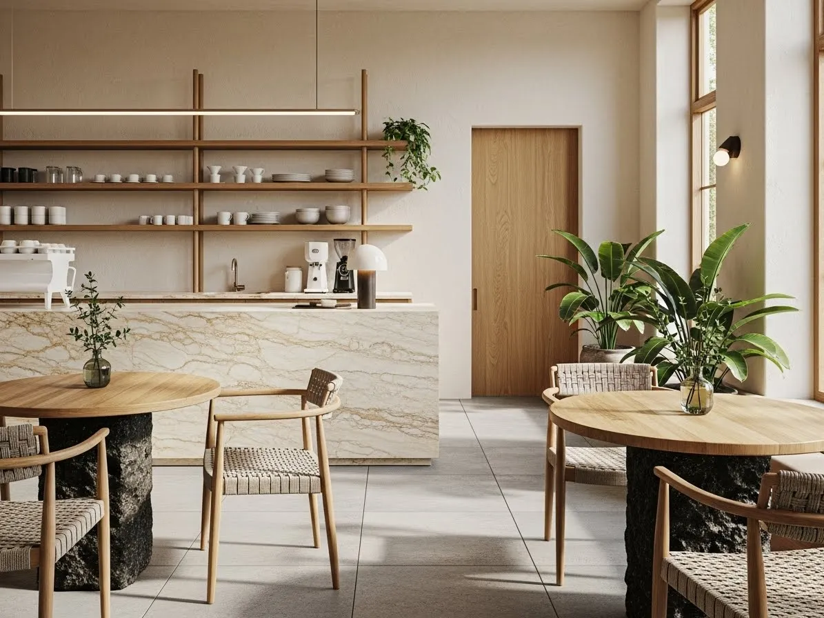 Organic modern coffee bar with natural materials and neutral tones