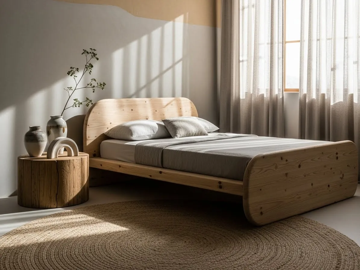 Organic shapes and soft lines in a calm wabi-sabi bedroom design