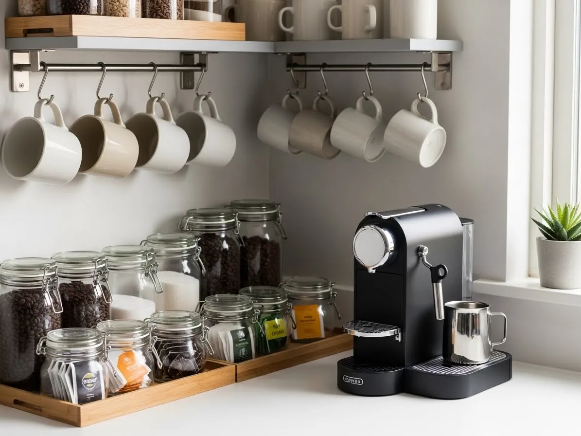 Organized mini coffee station with trays and compact modern design