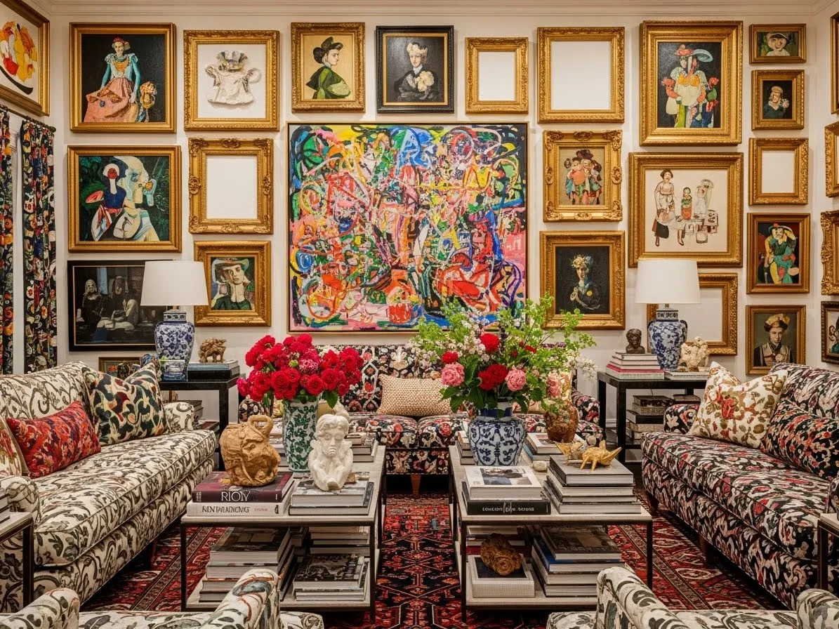 Maximalist living room with oversized wall art and gallery-style decor
