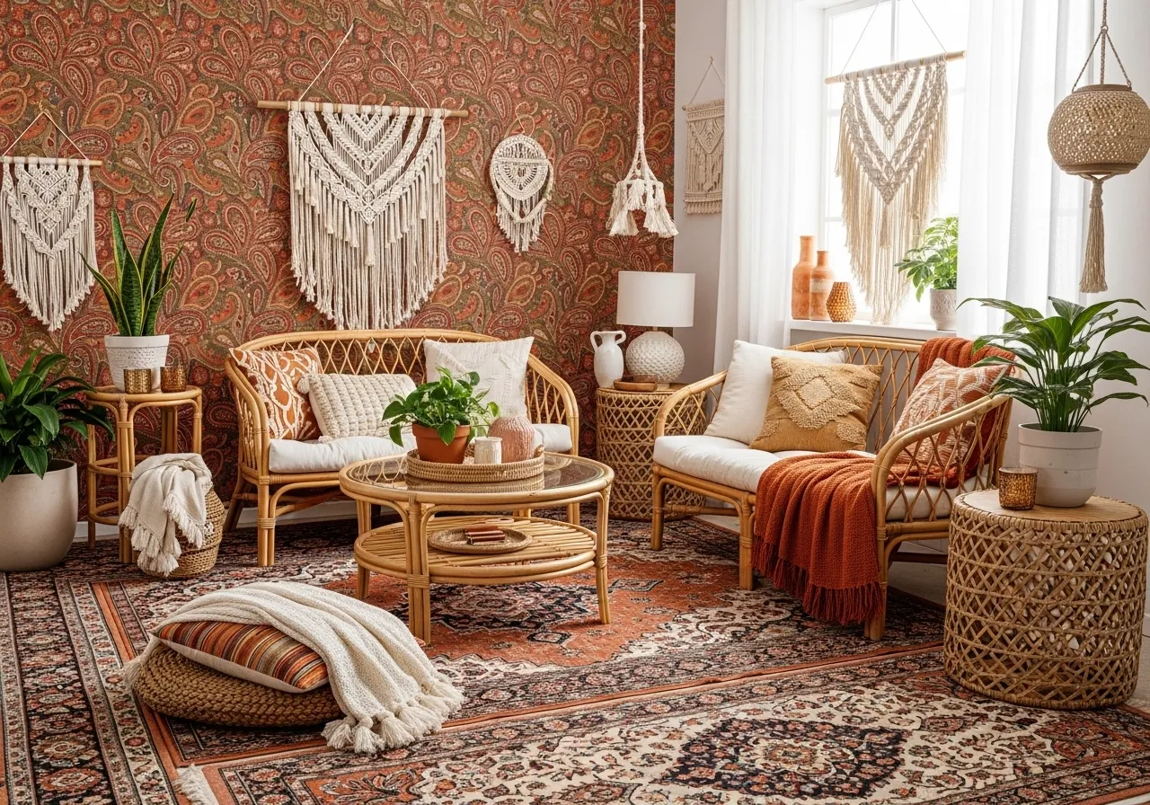 Boho living room with warm paisley wallpaper and layered décor