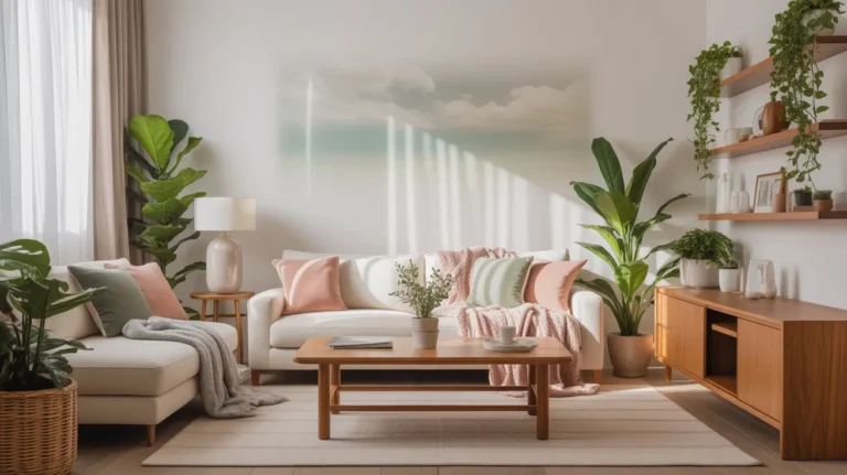 Modern living room decorated with Pantone Color of the Year 2026, Cloud Dancer walls, and soft pastel accents