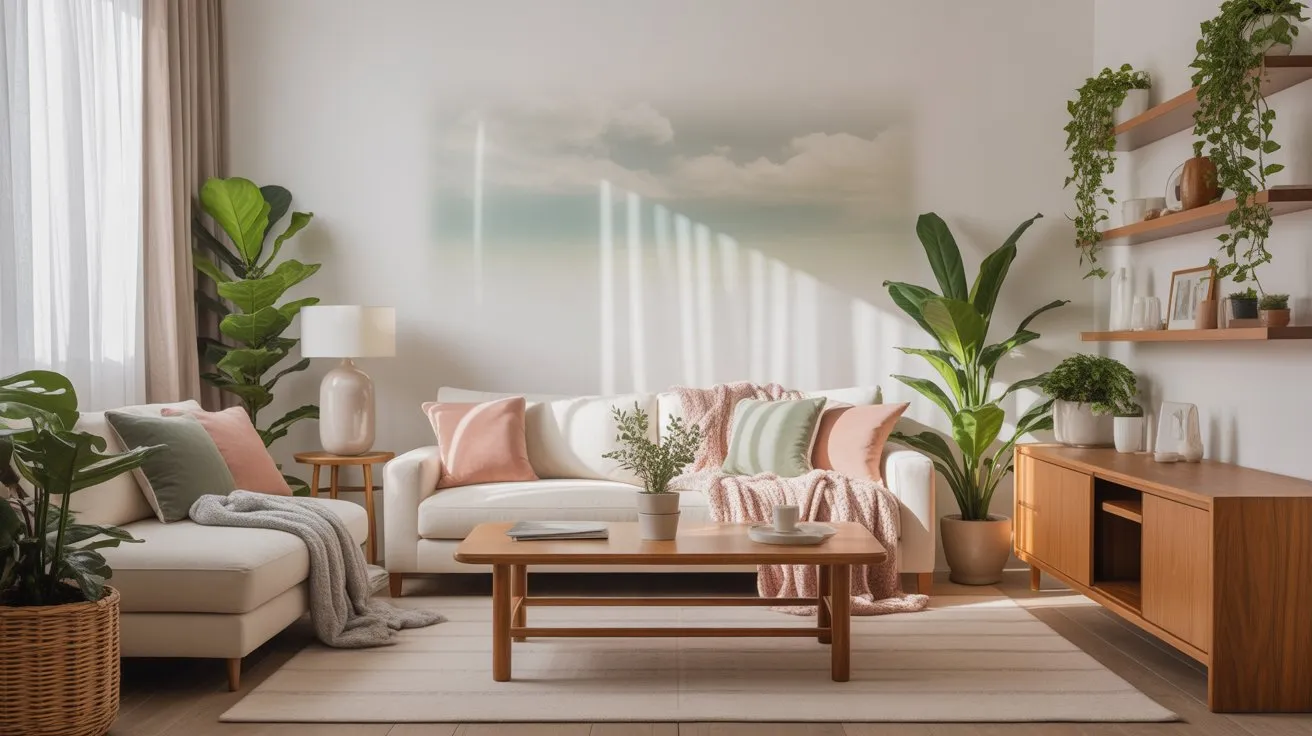 Modern living room decorated with Pantone Color of the Year 2026, Cloud Dancer walls, and soft pastel accents