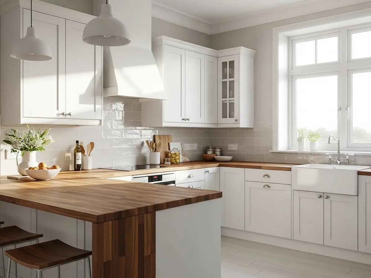 Kitchen featuring Pantone Color of the Year 2026, Cloud Dancer cabinets and walls with wooden accents