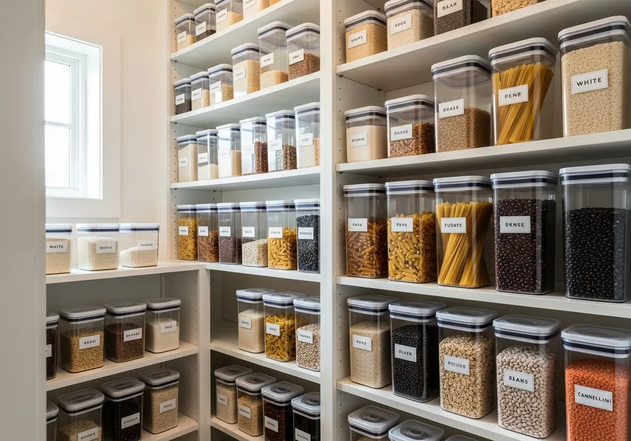 Clear containers used for dry goods in an organized pantry