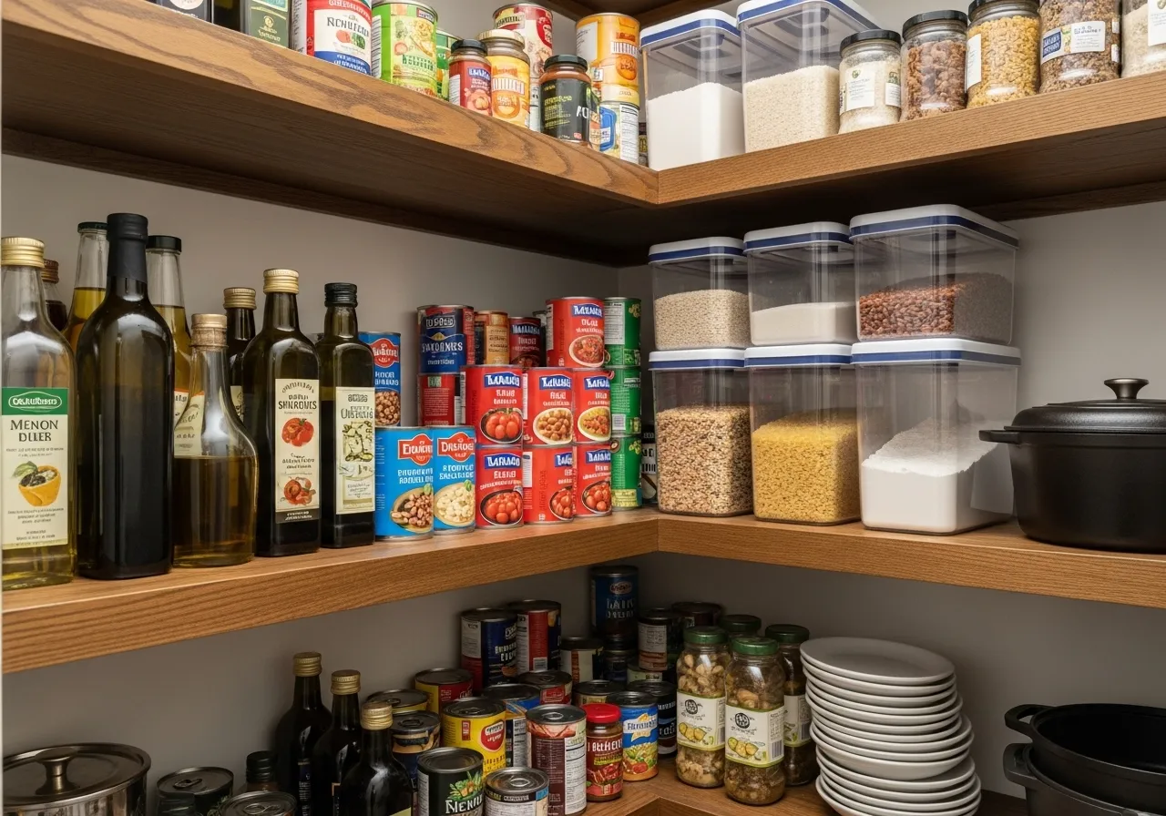 Heavy pantry items stored on low shelves