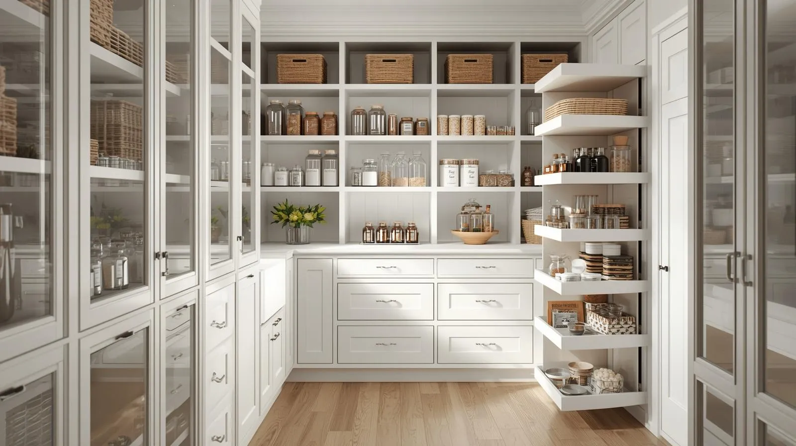 Beautifully organized pantry with clear containers, labeled jars, baskets, and pull-out drawers