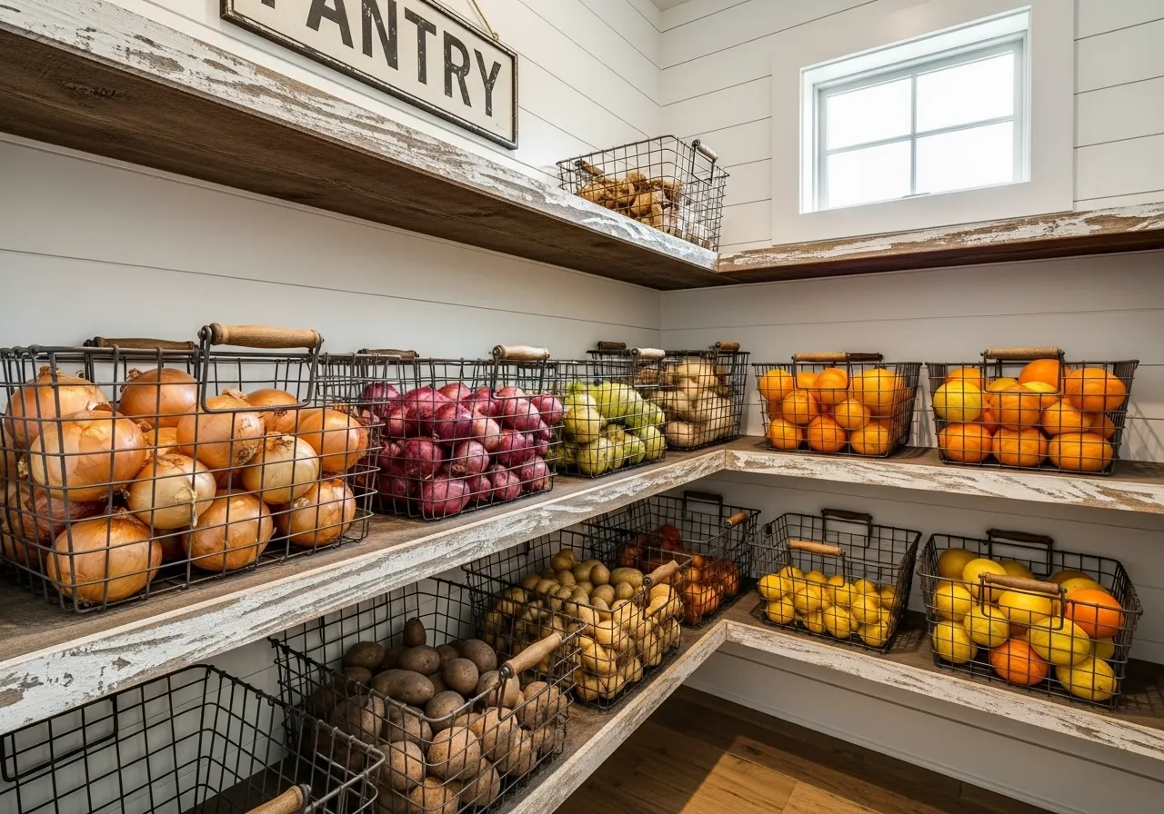 Produce storage bins used in farmhouse pantry