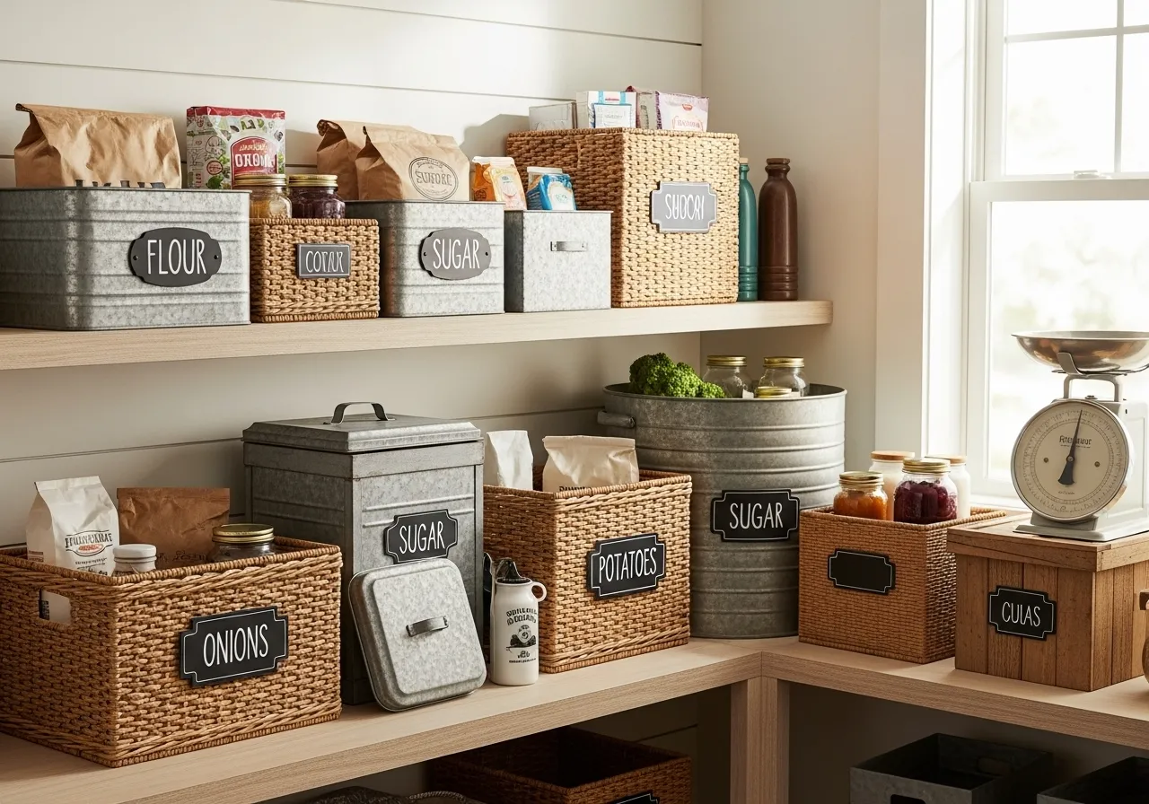 Beautifully styled and organized pantry with containers and labels