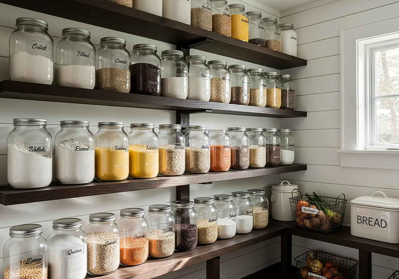Tall jars for grains and flour in organized pantry