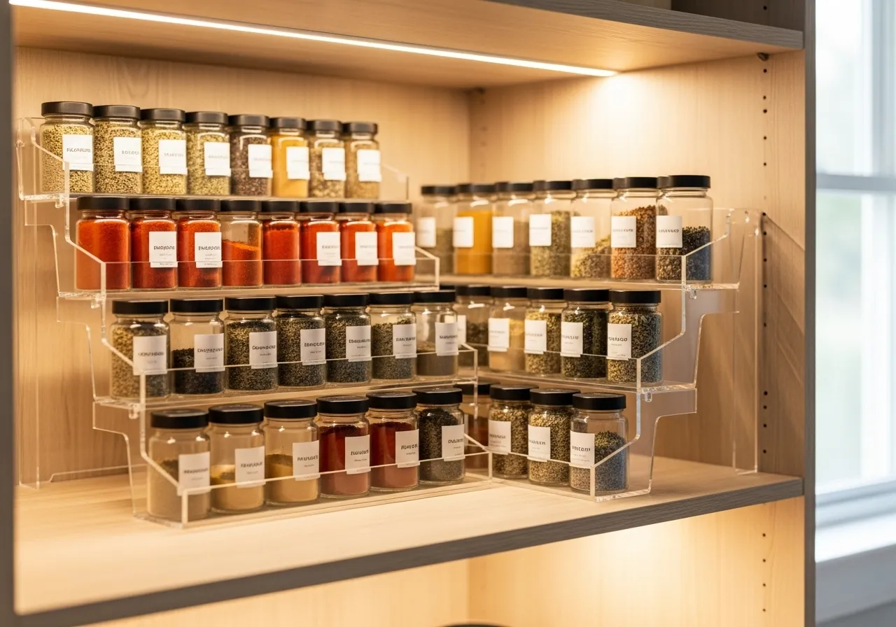 Tiered spice racks for organized pantry storage