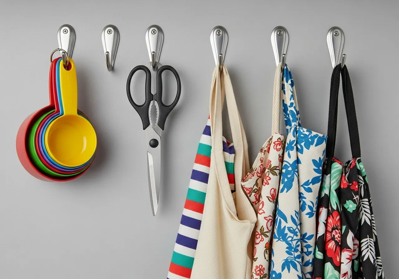 Hooks in pantry to organize small kitchen tools