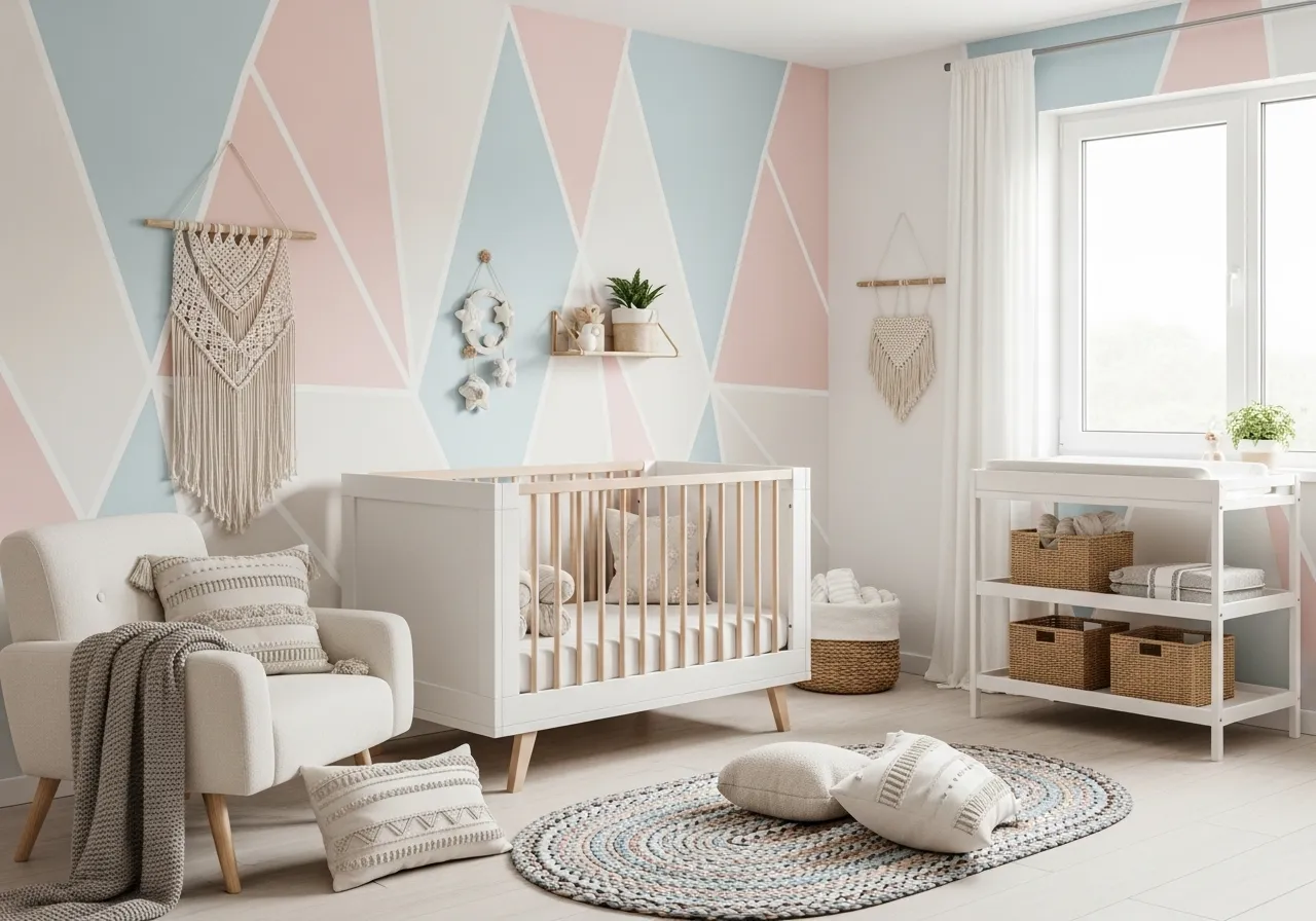 Boho nursery with pastel geometric wallpaper and soft textures