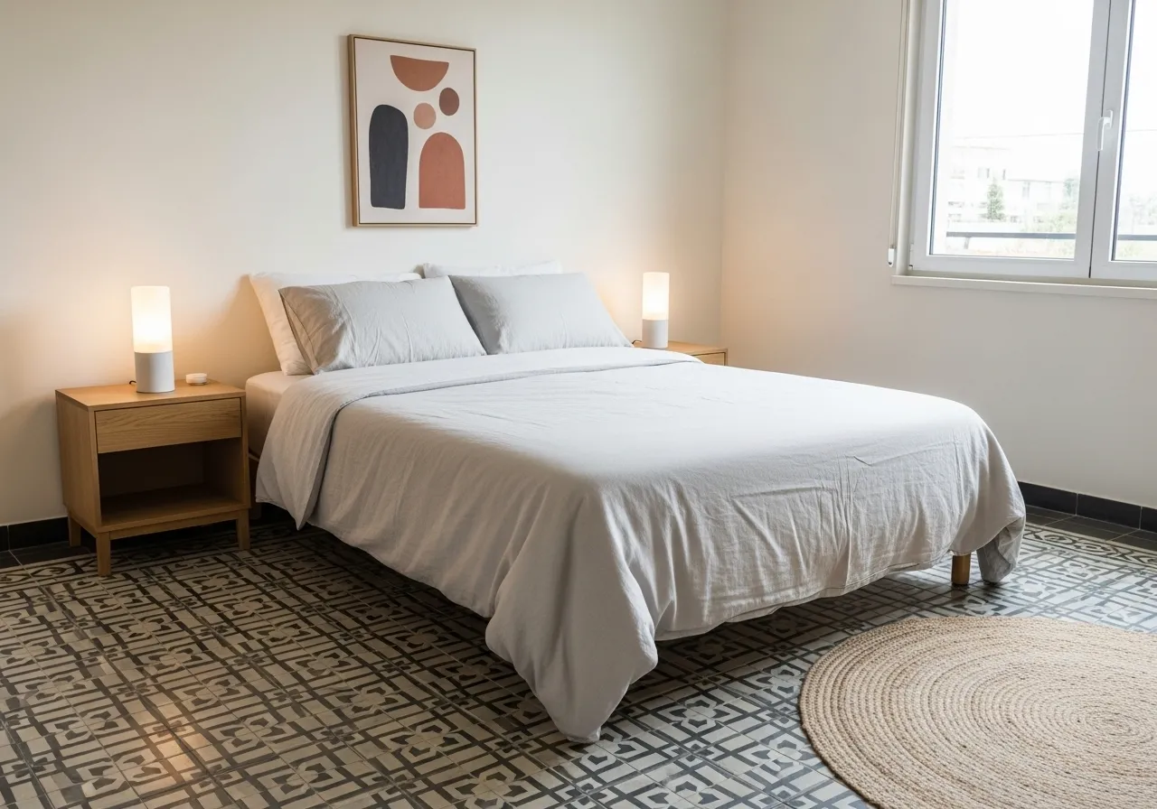 Patterned bedroom with statement tiles and minimal decor