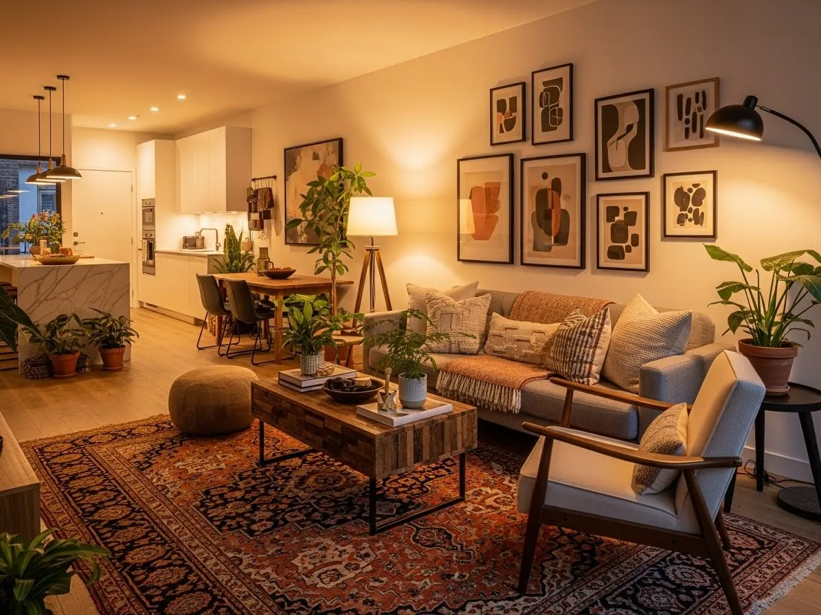 Patterned rug anchoring an eclectic apartment living space with warm layered decor
