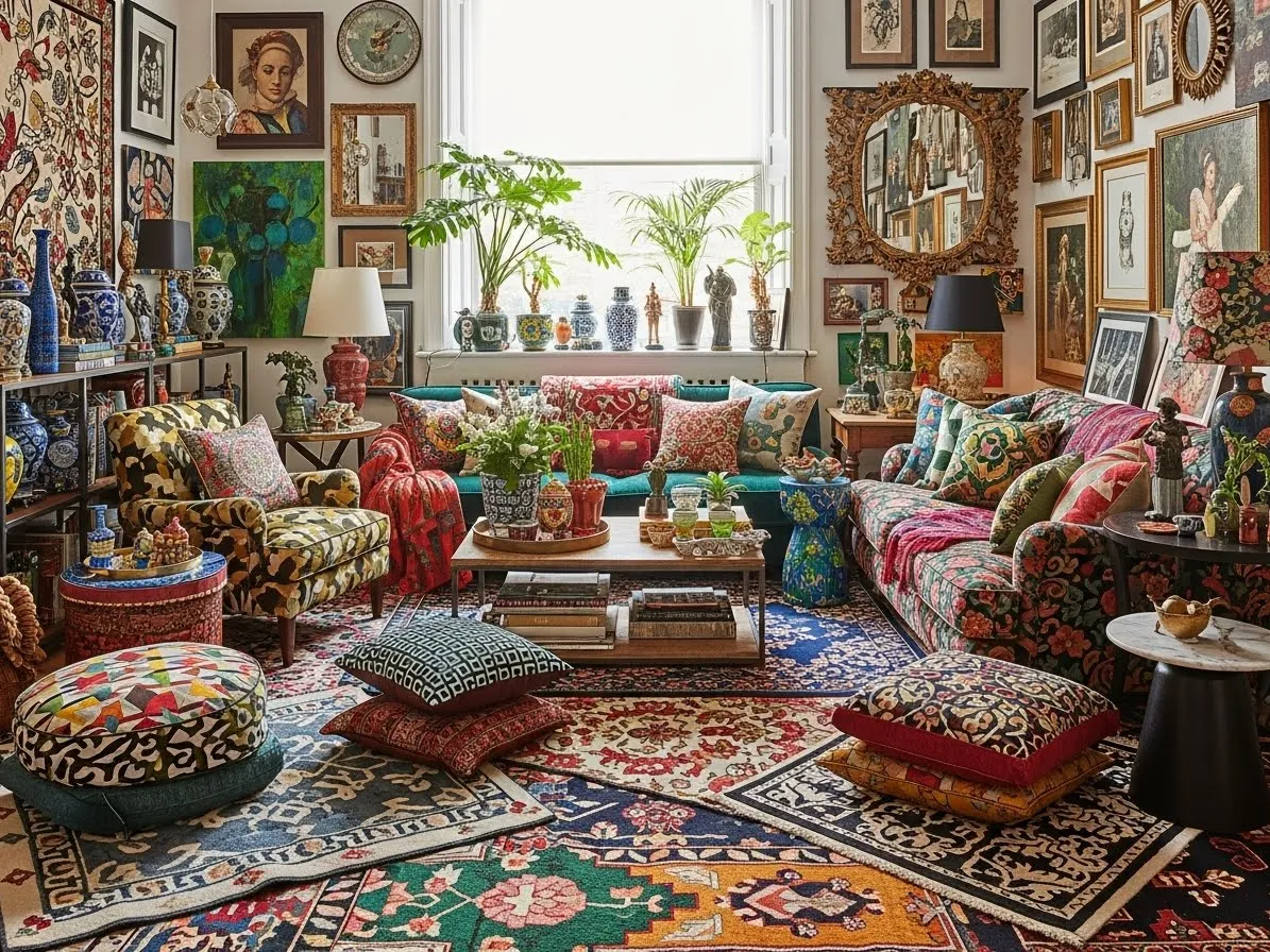 Maximalist living room featuring patterned rugs and rich textures