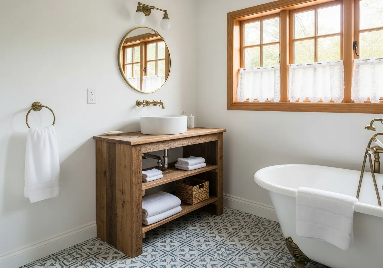 Cottage bathroom ideas with vintage patterned floor tiles