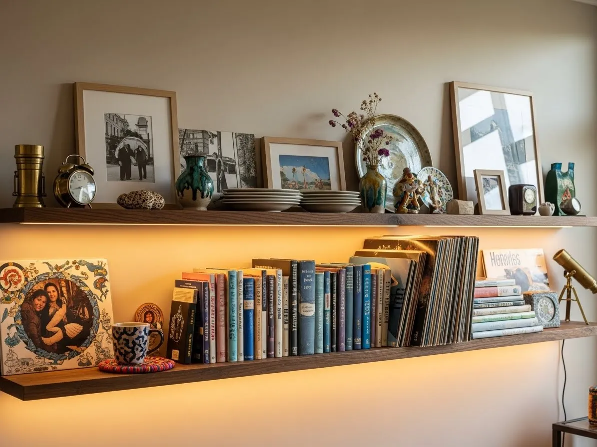 Eclectic apartment shelves displaying personal collections like books, records, and ceramics