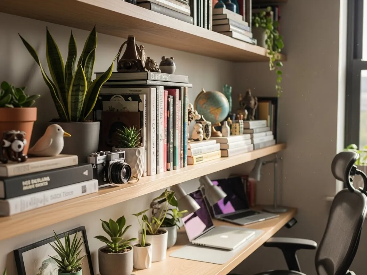 Office shelf personalized with unique decor items, books, and plants.