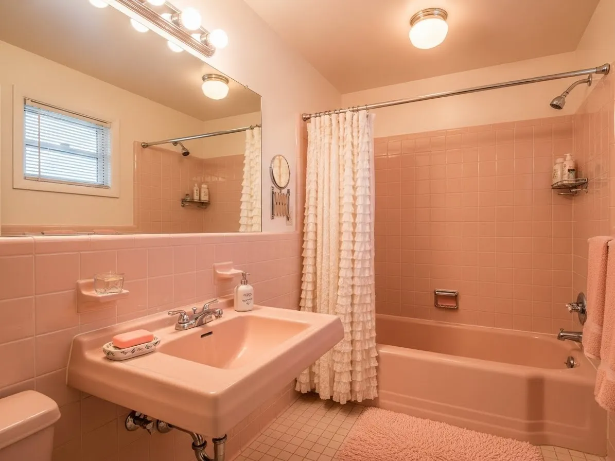 Pink 1950s bathroom ideas with pastel tiles and vintage chrome fixtures