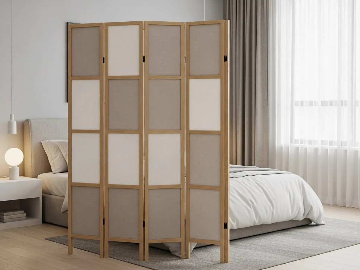 Portable folding screen used as a flexible room divider in a bedroom