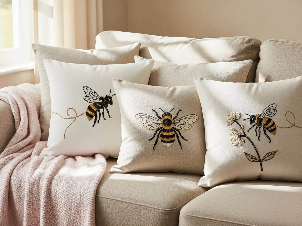 Linen spring couch pillows with embroidered bee designs styled on a beige sofa.