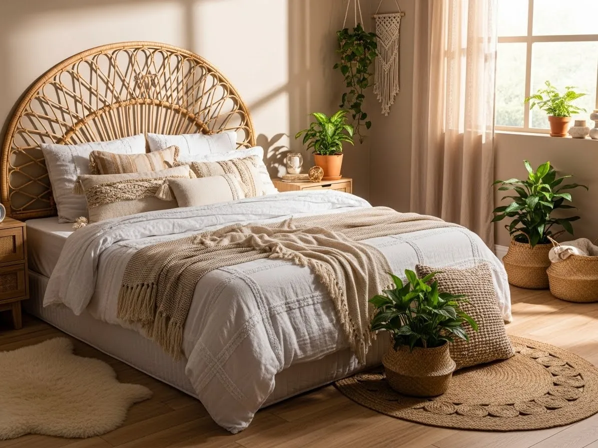 Boho bedroom featuring a rattan woven headboard with natural textures and light decor.