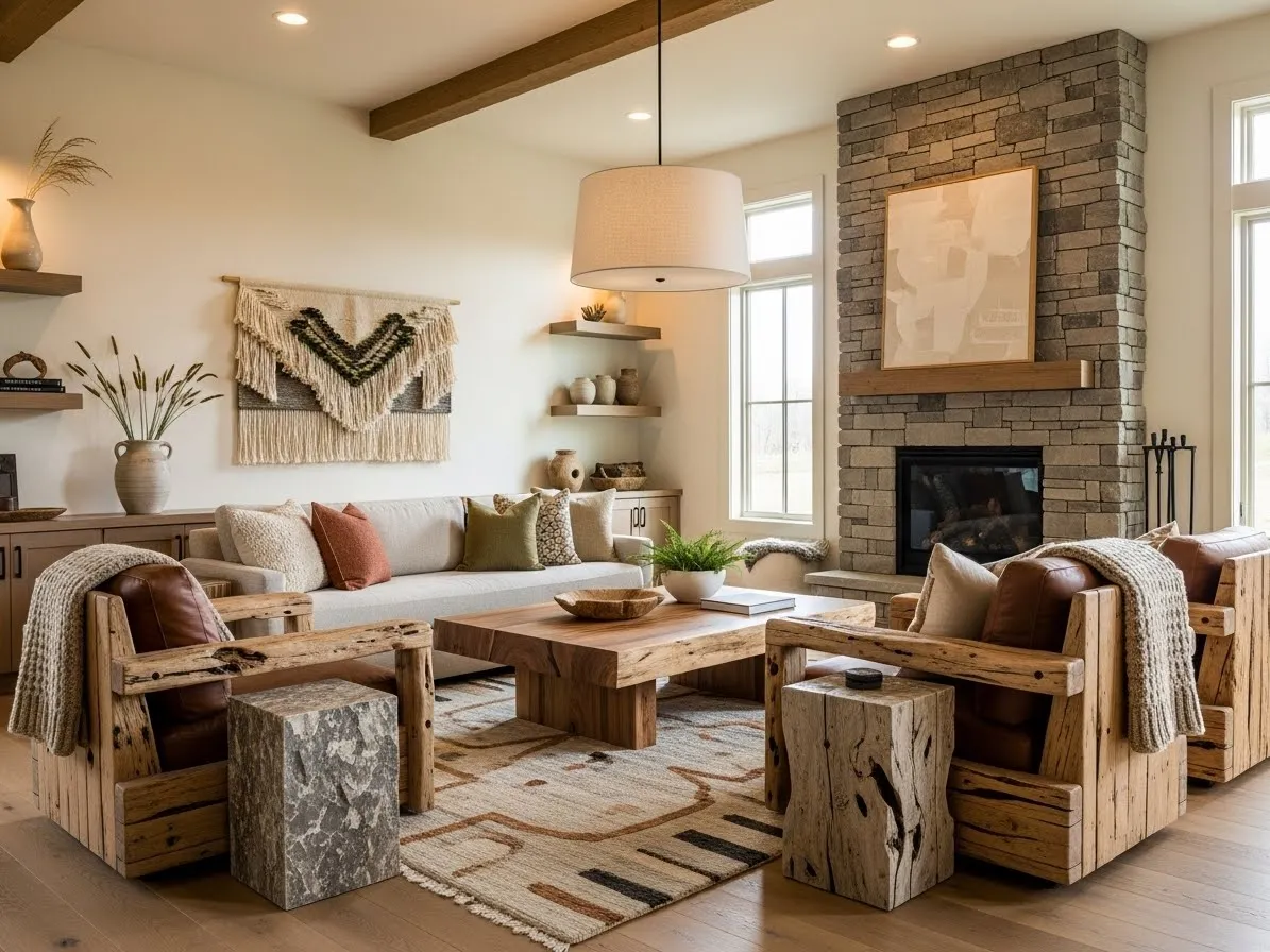 Warm earthy living room combining raw textures with clean modern furniture lines