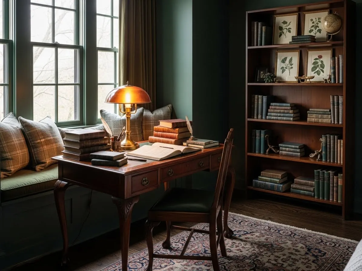 Reading nook with vintage desk in a dark academia bedroom