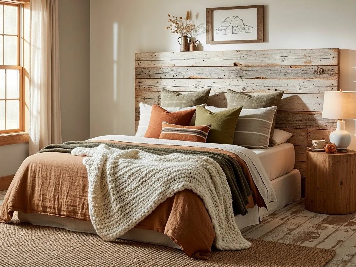 Bedroom with a reclaimed wood headboard for a rustic and eco-friendly look.