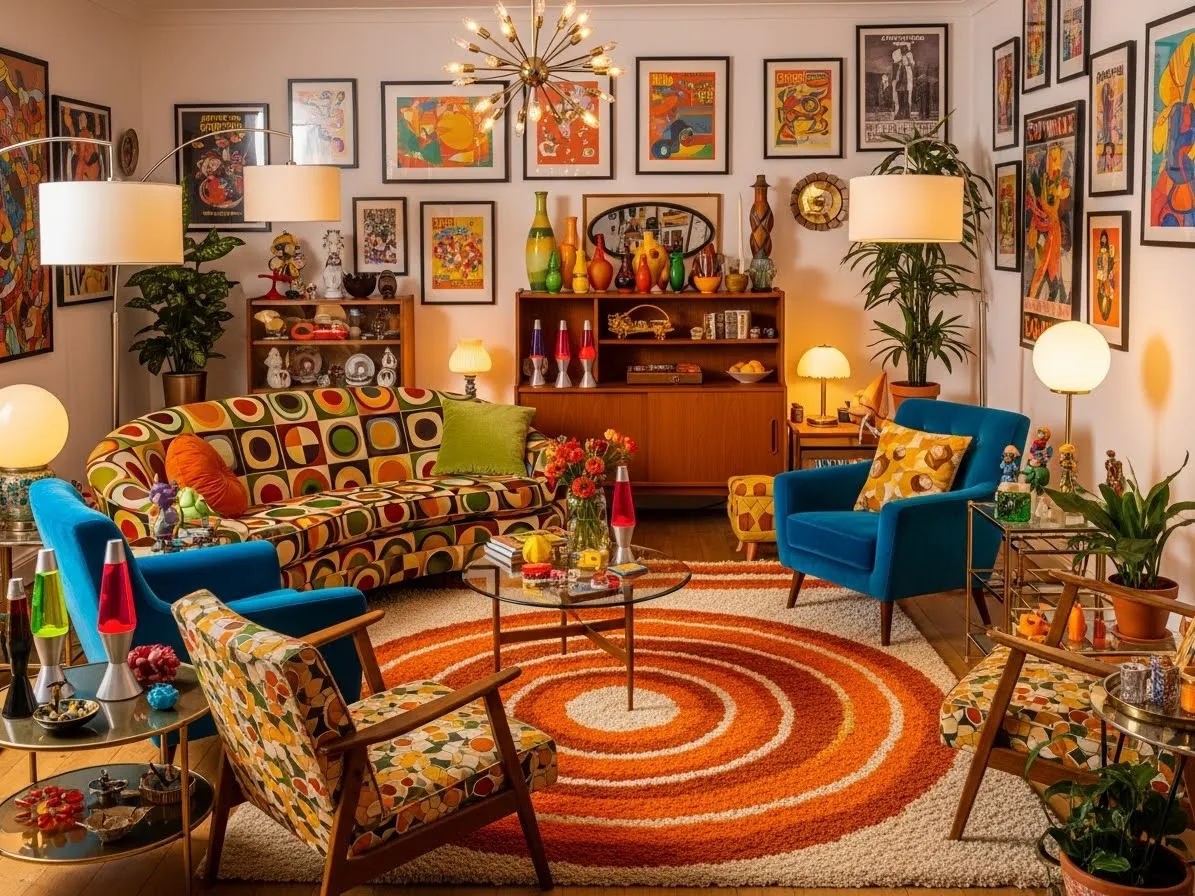 Retro-inspired maximalist living room with bold patterns and vintage decor