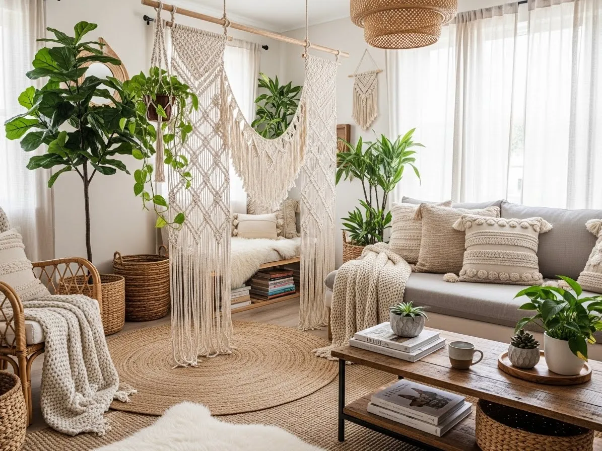Rope or macramé room divider creating airy and textured separation in living space