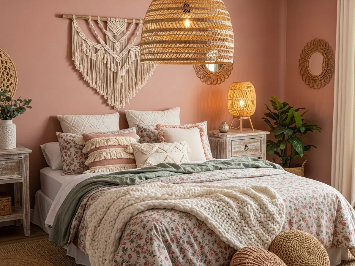 “Dusty rose boho coastal bedroom with floral bedding and woven lighting accents”
