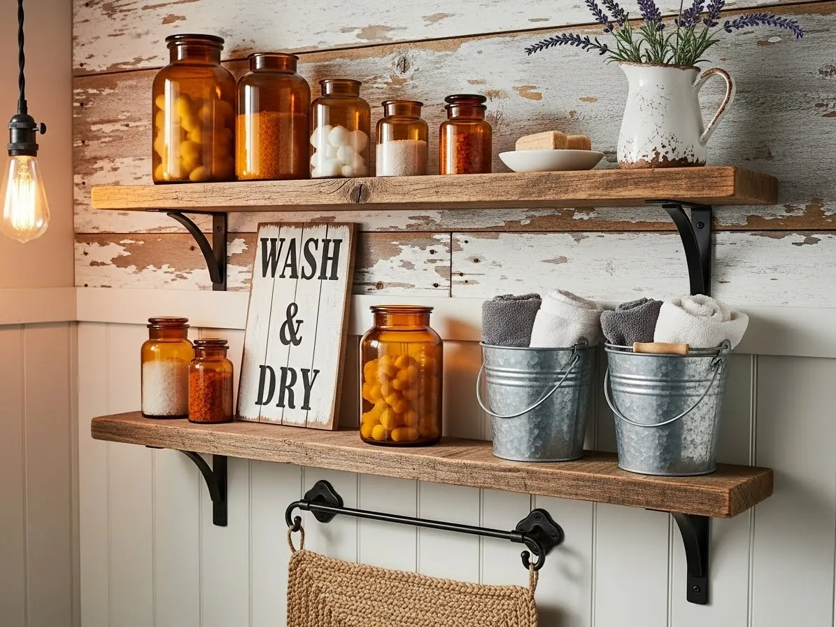 Rustic bathroom shelf decor ideas with farmhouse style