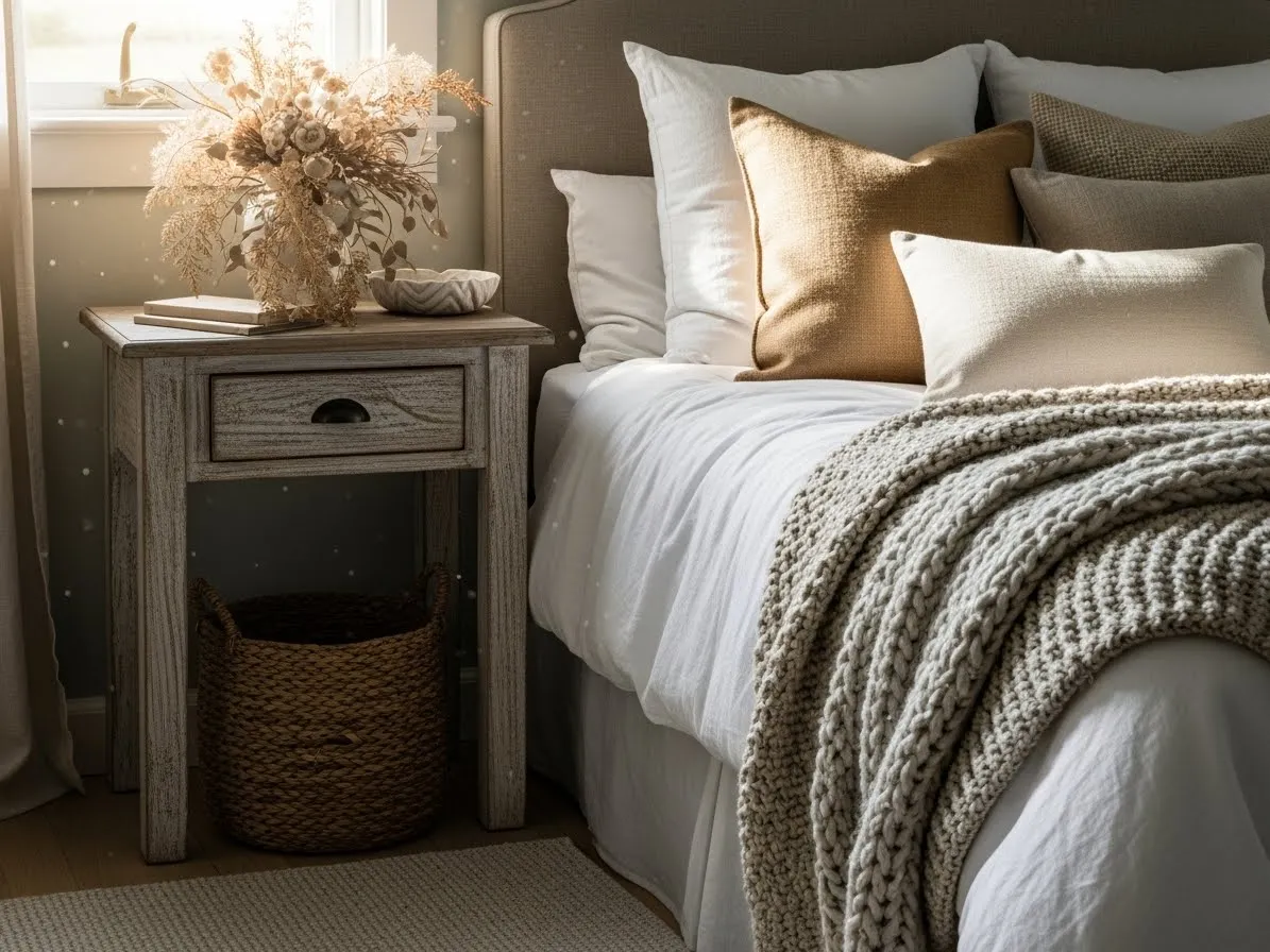 Rustic farmhouse bedside table idea for a cozy bedroom