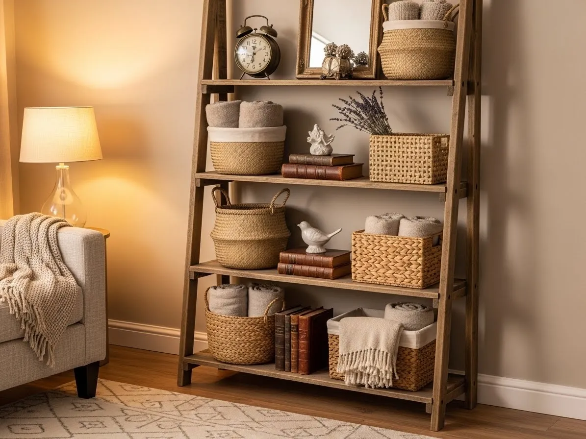 Rustic ladder shelf decor ideas with farmhouse style