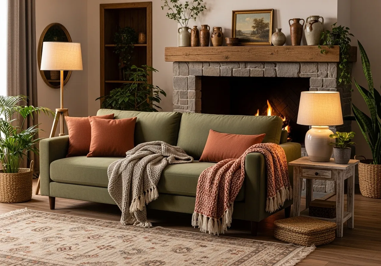 Rustic living-room-with-green-sofa with warm cozy décor