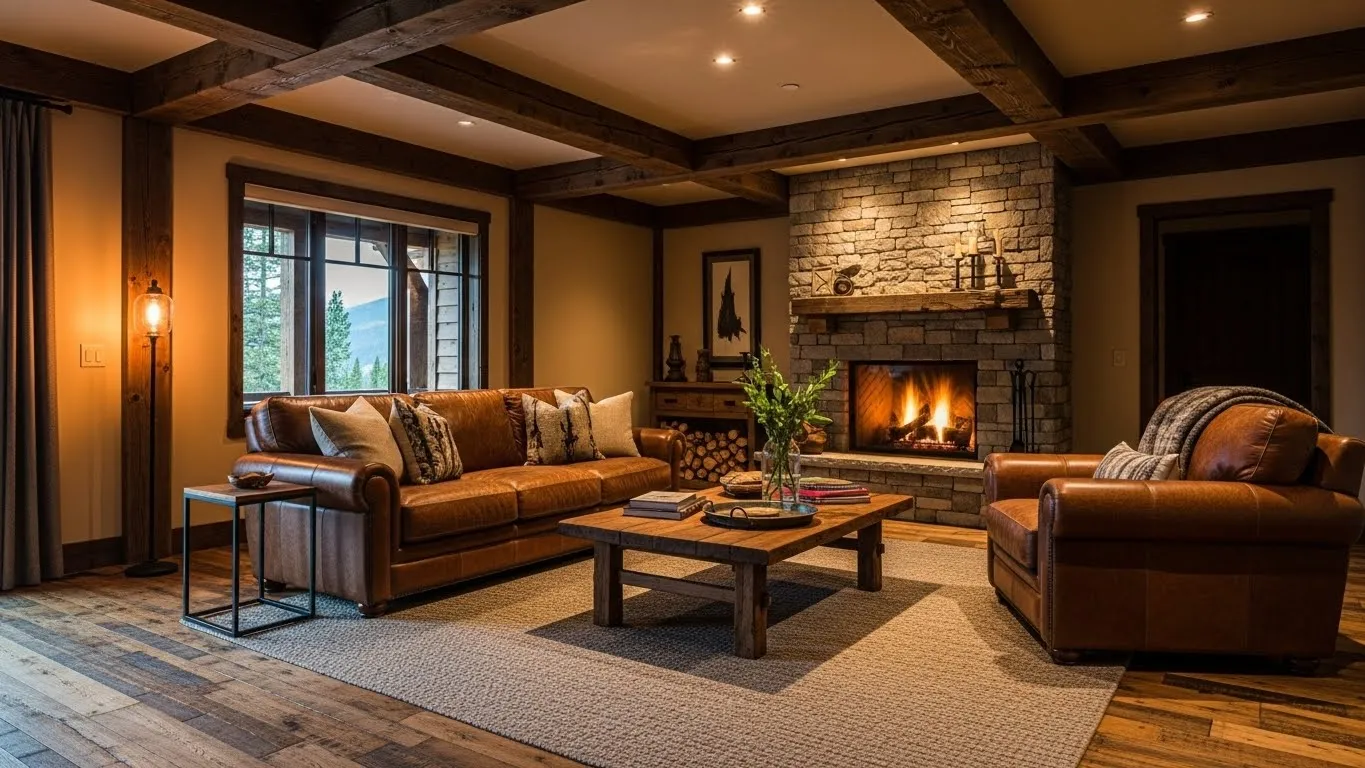 Rustic masculine living room with wood and leather elements